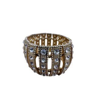 Vintage Gold Tone Rhinestone Cuff Bracelet Wide Statement Elegant Open Design